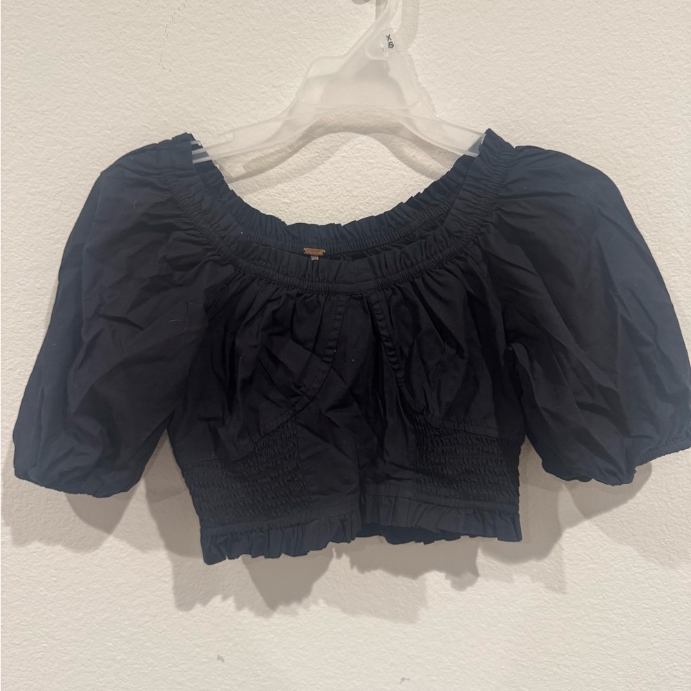 Free People Black Puff Sleeve Crop Top